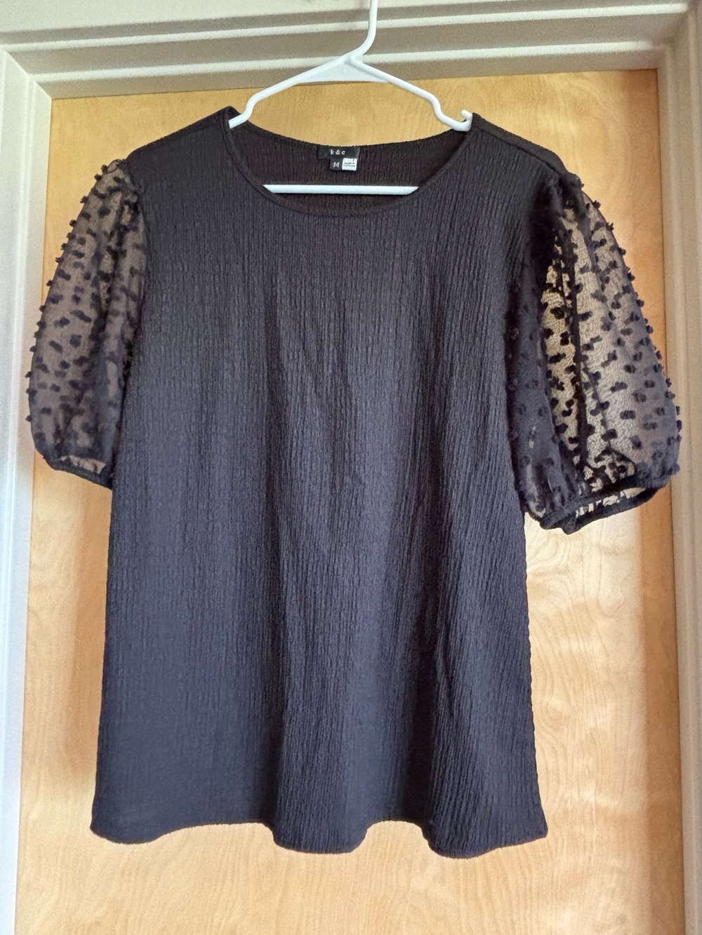 k&c Black Textured Crepe Swiss Dot Sheer Puff Sleeve Top Size M